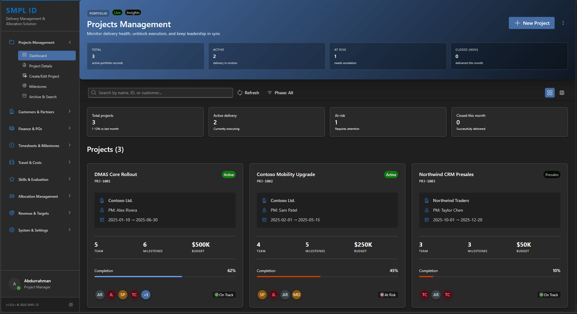 SMPL.ID projects management system showing active deliveries, project portfolio, and completion tracking
