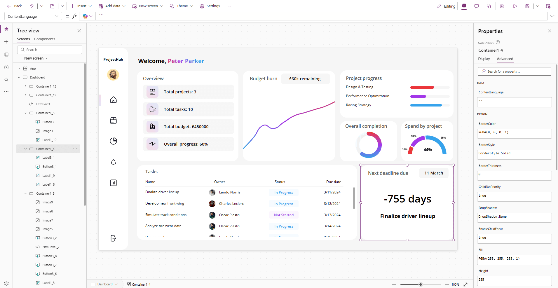 ProjectHub Power Apps dashboard showing project overview, task tracking, budget, completion gauges, and upcoming deadlines