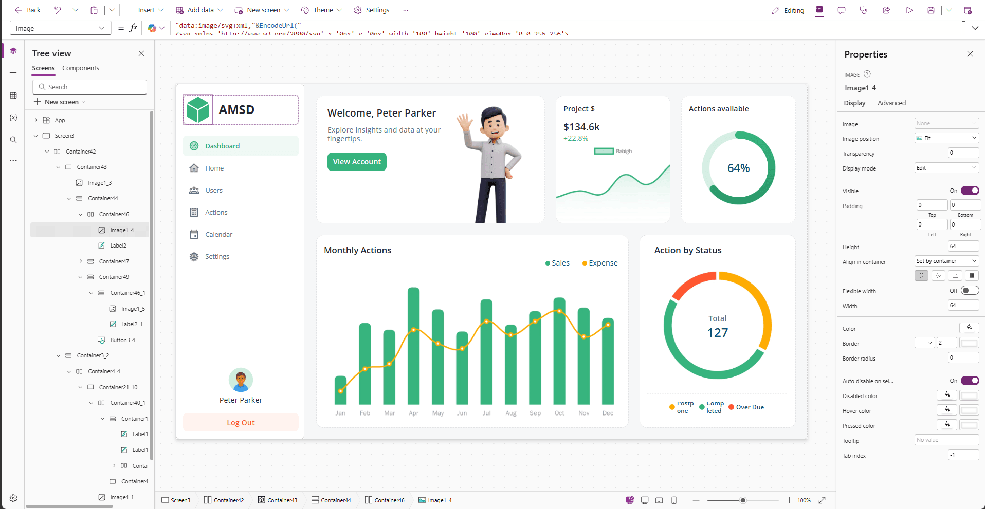 Power Apps studio showing an AMSD dashboard with KPI cards, monthly actions chart, and action-by-status donut