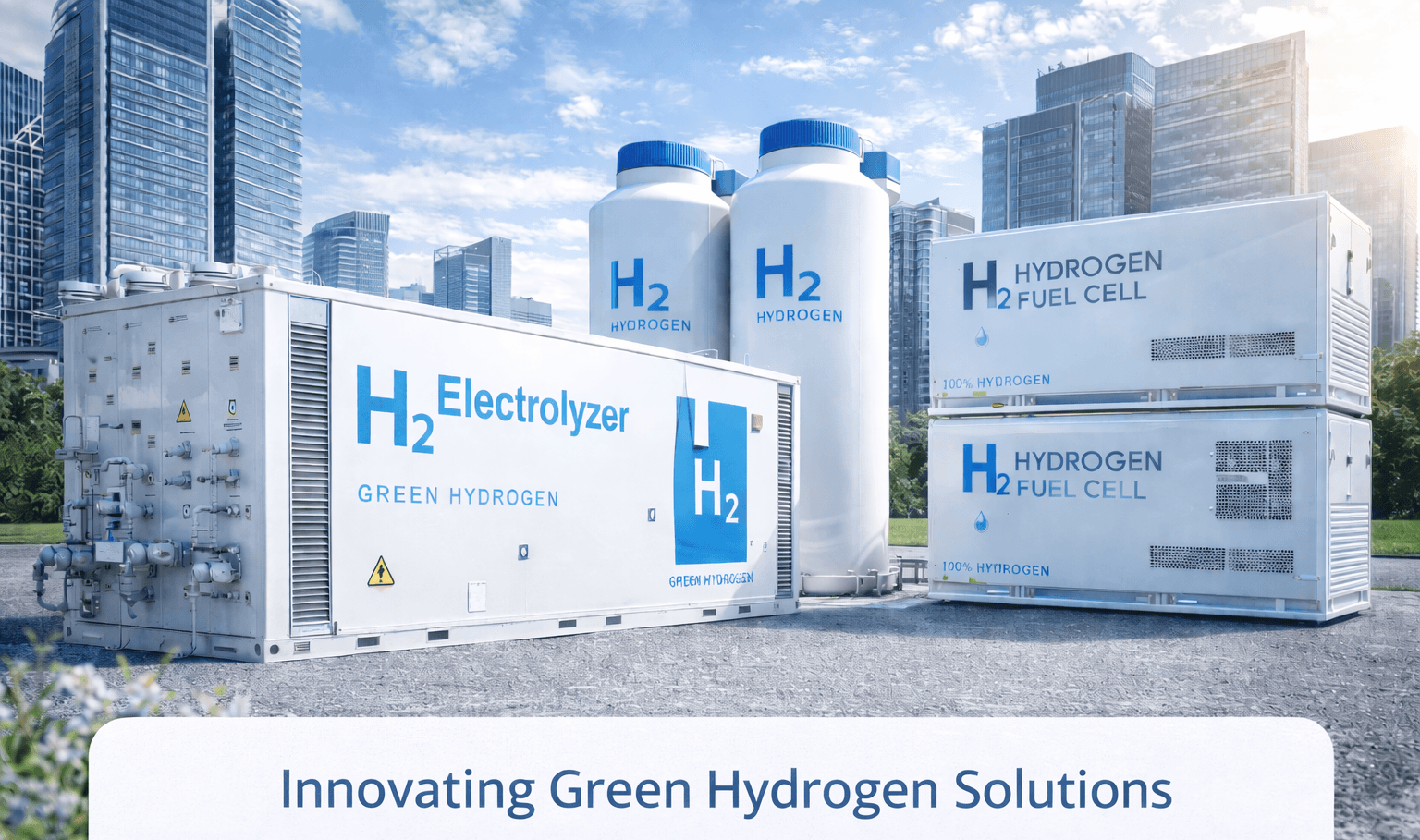 Urban green hydrogen infrastructure with electrolyzer, storage tanks, and fuel cell units