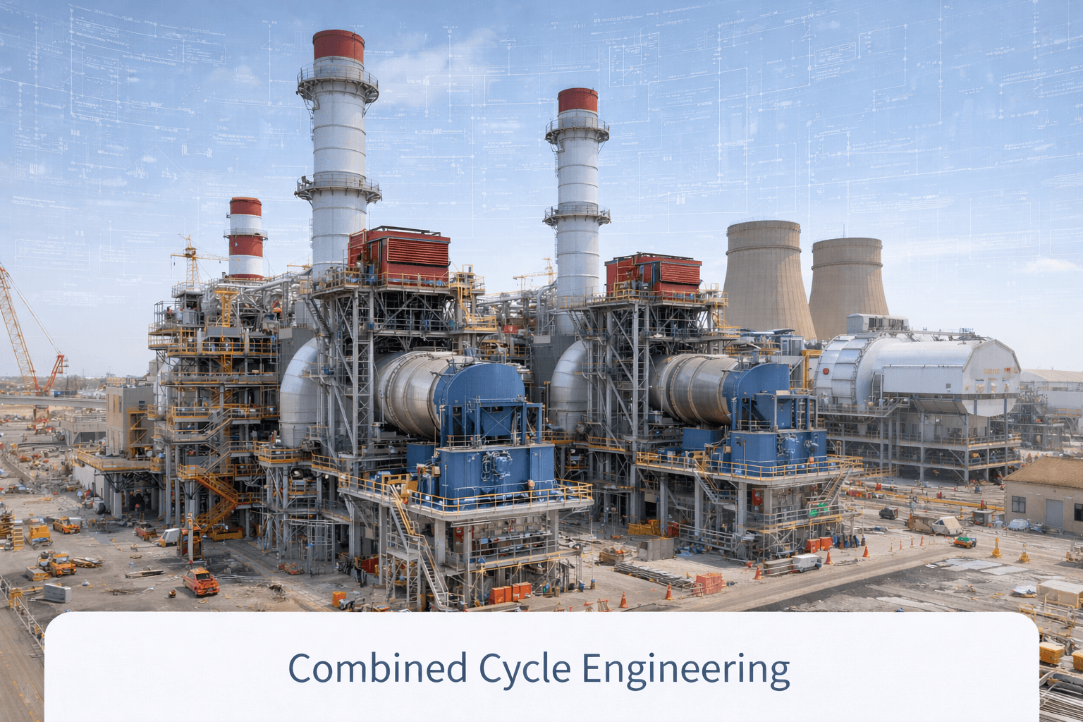 Large-scale power plant under construction with cranes and heavy industrial equipment